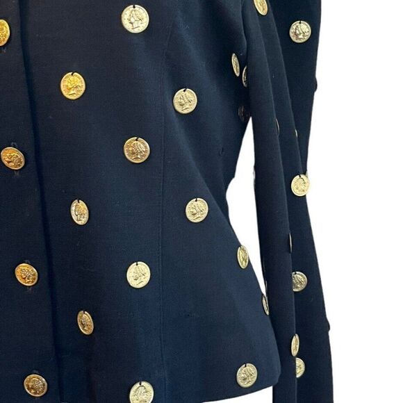 Ladies Medium Black Gold Tone Coins All Over Blouse Wool Sweater Top Vintage - Picture 3 of 8